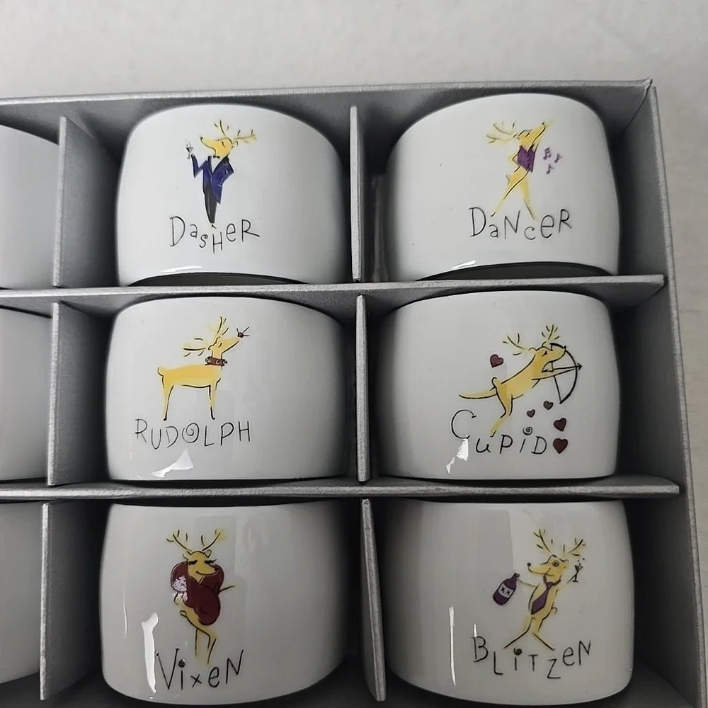 VTG Pottery Barn Reindeer Christmas Napkin Rings‎ Set of 9 Made in Japan